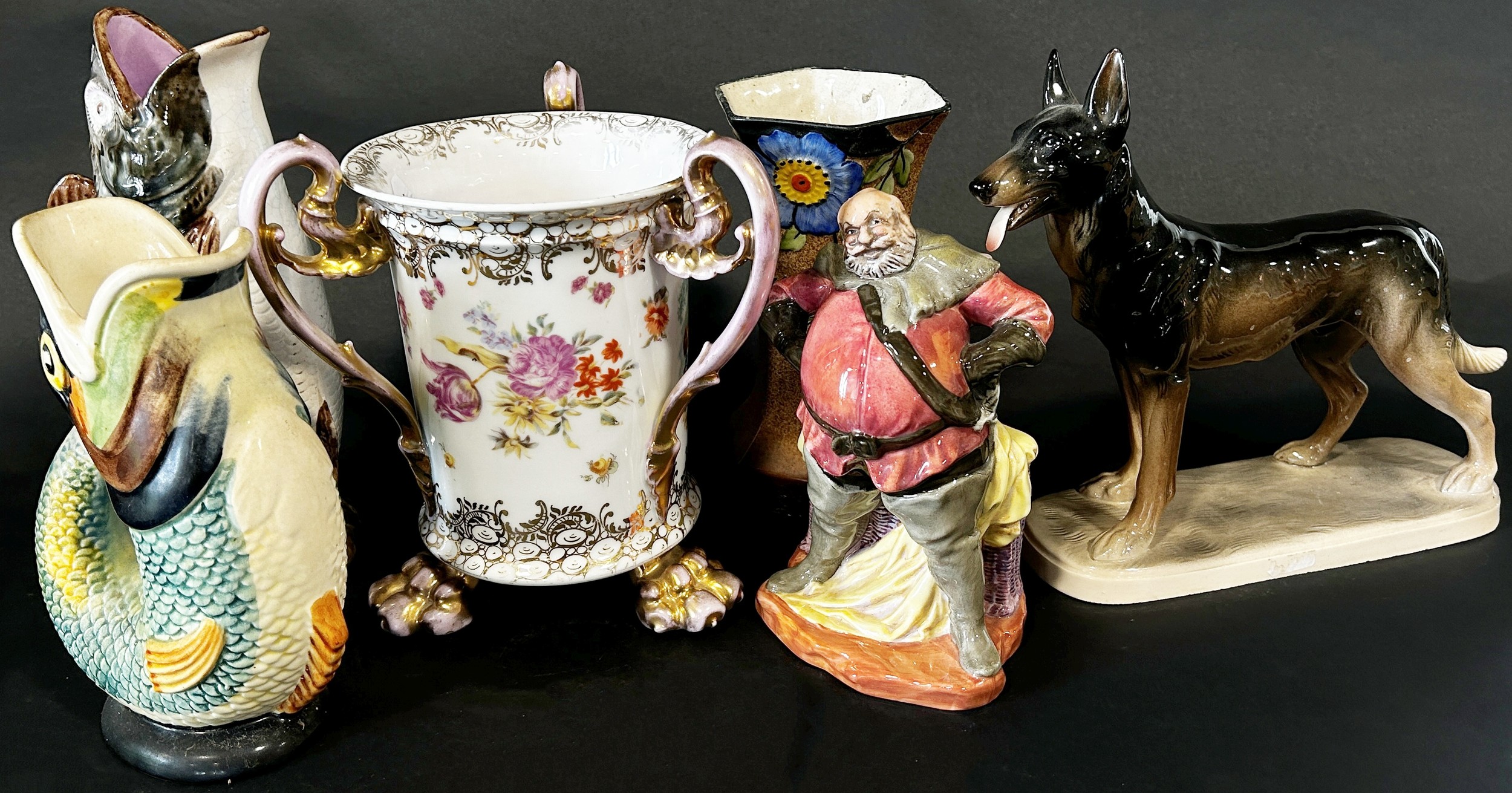 A Whitefriars green bark glass vase, further Studio Glass vase, Royal Doulton figure of Falstaff,