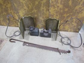 2 x 19th century 56lb weights, 2 x 19th century iron pot cradles, an early iron chimney crane, etc