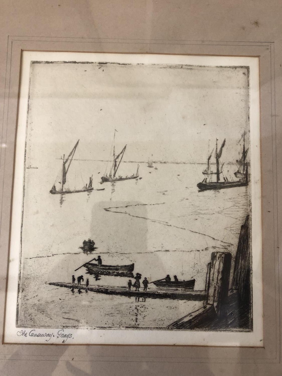 A group of seven etchings and prints to include: A. Gaimes - monochrome print of two workers in - Image 3 of 10
