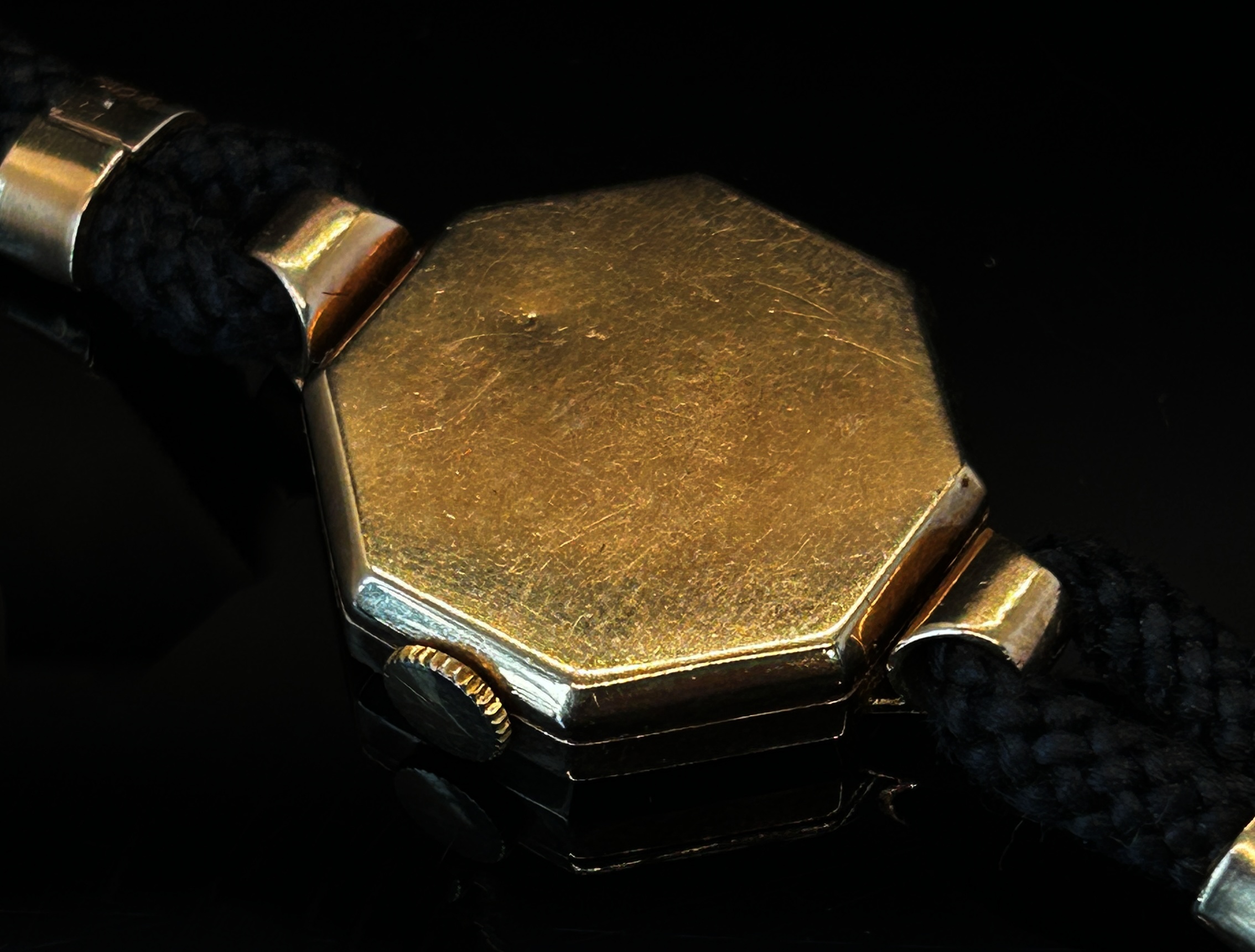 Rolex: A lady’s vintage wristwatch, with hexagonal case (lacking lens) on woven strap with 9ct - Image 3 of 4