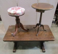 A piano stool with revolving top, oak occasional table with pegged frame and a further occasional