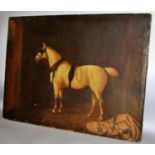 19th Century School - Equestrian portrait of a horse in profile in stables, with family crest to