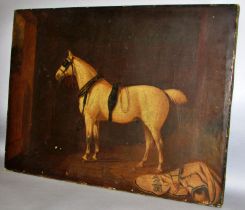 19th Century School - Equestrian portrait of a horse in profile in stables, with family crest to