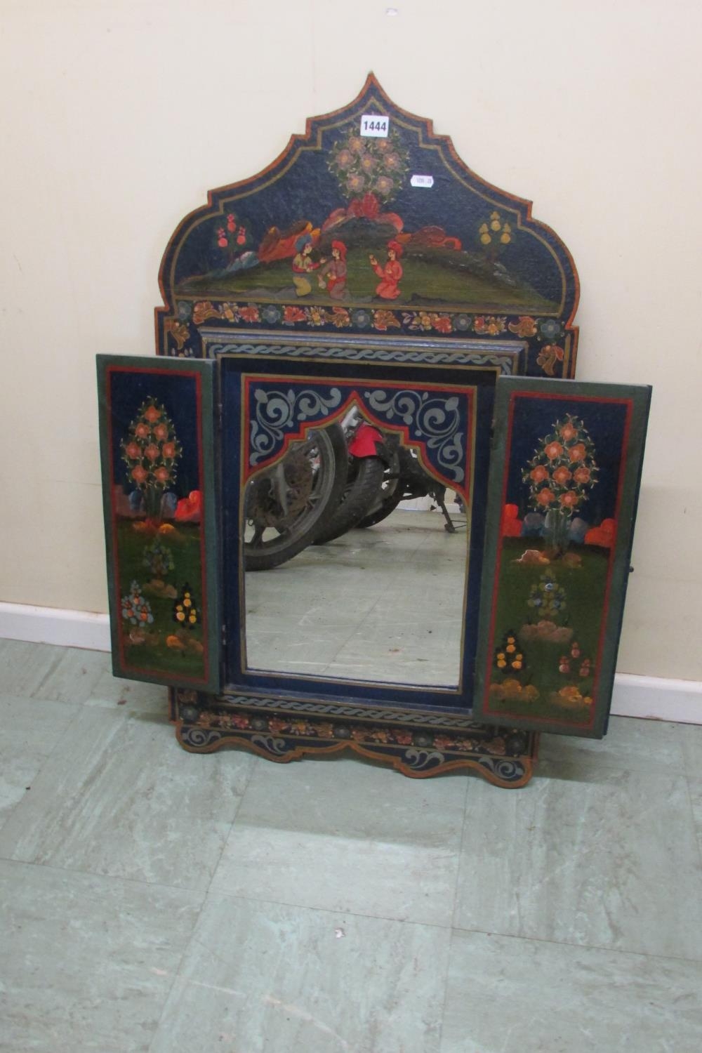 A wall mirror - Indian shaped outline with painted floral frieze the mirror plate enclosed by a pair - Image 3 of 4