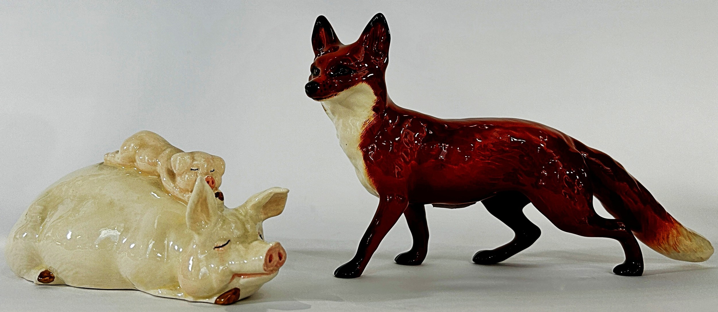 A Beswick black beauty, a fox, a recumbent sow and piglet and two further horses (5) - Image 3 of 3