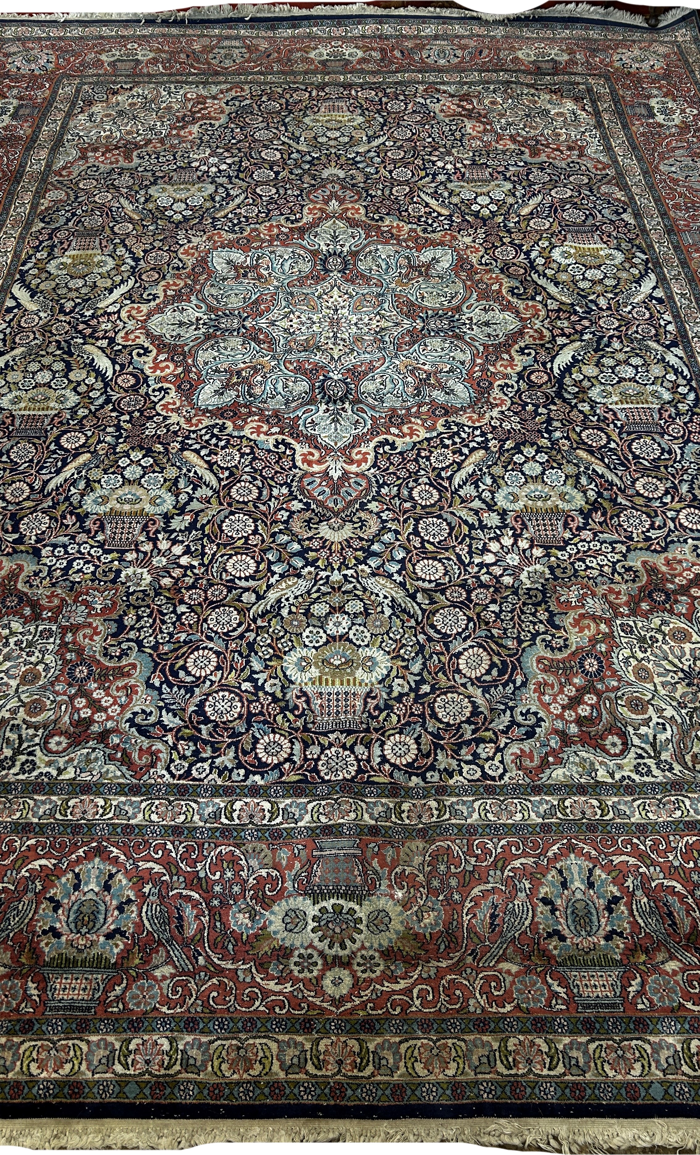 A large Fine Persian cotton and silk carpet with a central floral medallion and with all over floral - Image 2 of 3