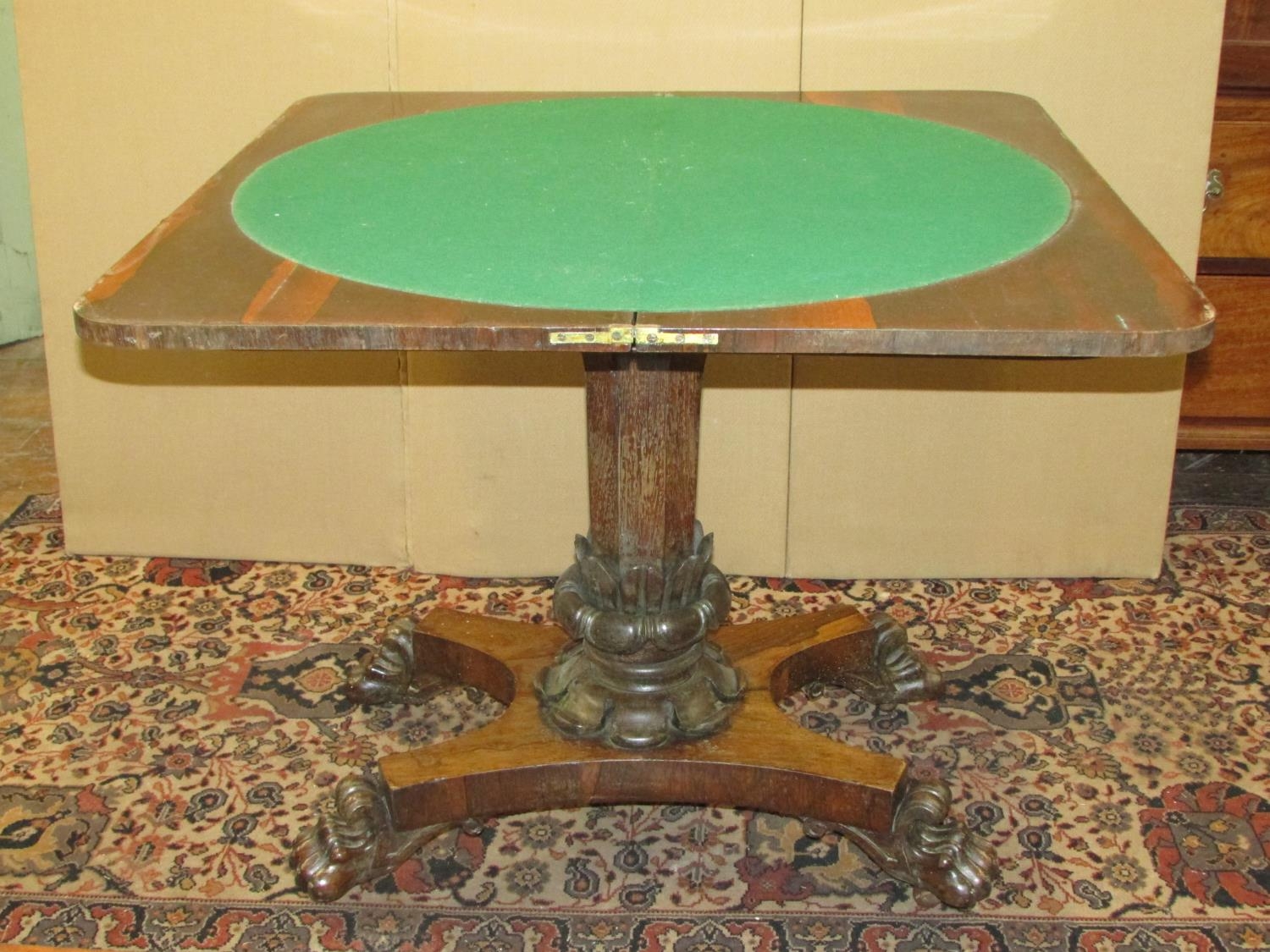 A Regency rose wood fold over top card table raised on an octagonal pillar with foliate column, - Image 4 of 4