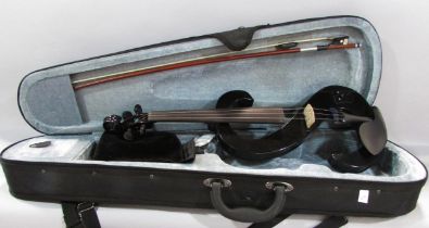 A Wittner of Germany electric S shaped violin in a black glitter finish, with a bow in a carry case,