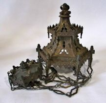 A large 19th century ecclesiastical / gothic gilt cast metal ceiling light, with pierced mounts
