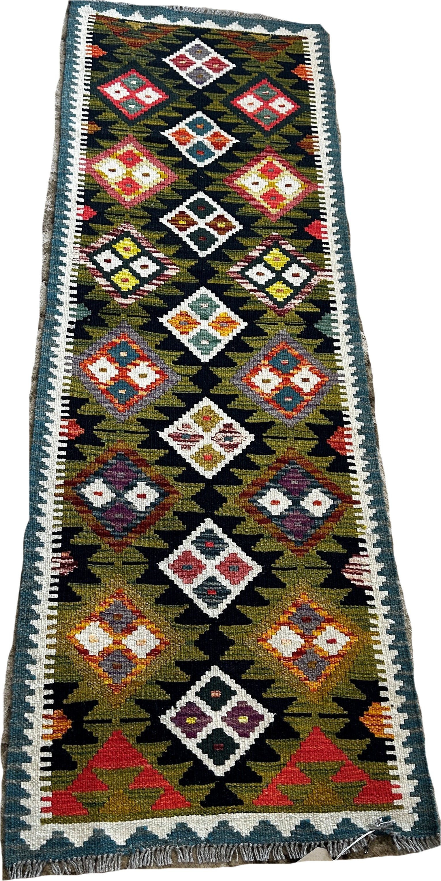 A Maimana kilim runner with rows of diamonds and stepped diamonds, 199 x 66cm approximately - Image 2 of 2