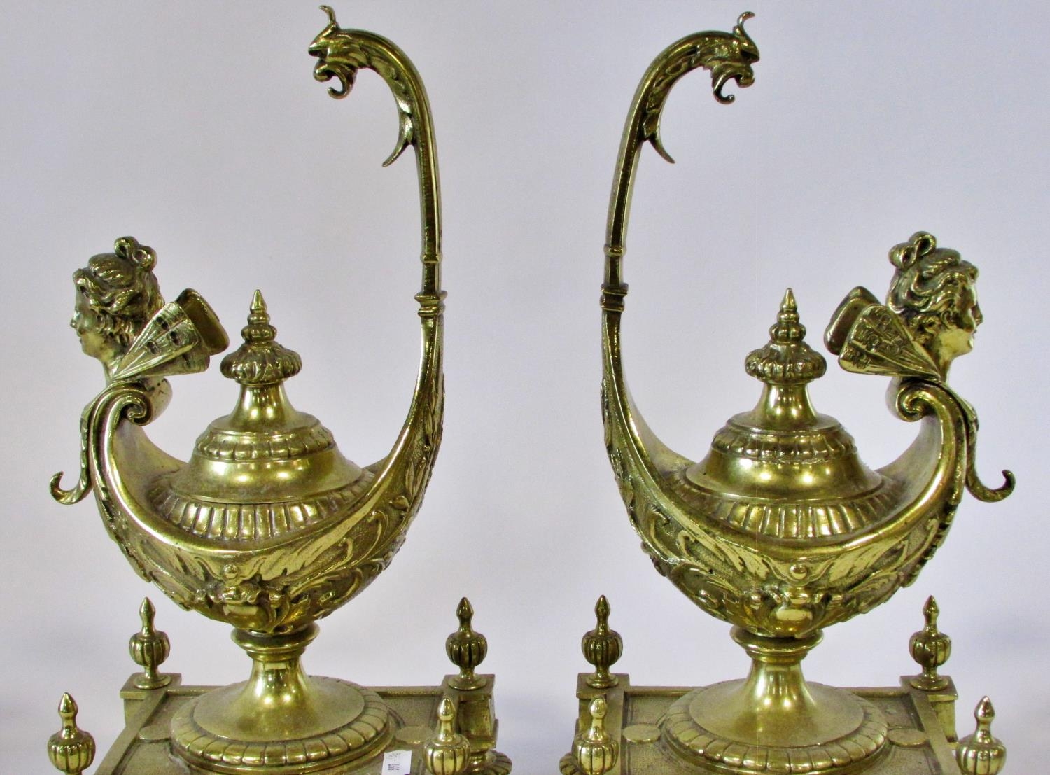 A large pair of 19th century brass dummy oil lamps (possibly ex-monumental fire side fender) in - Image 7 of 7