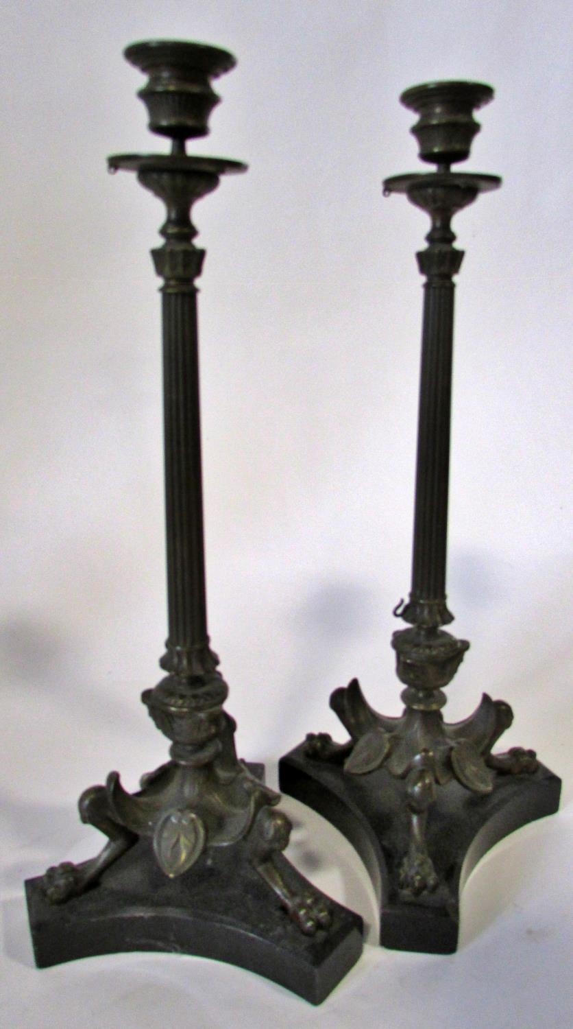 A pair of 19th century bronze candlesticks, in the form of tapering fluted columns raised on - Image 3 of 4