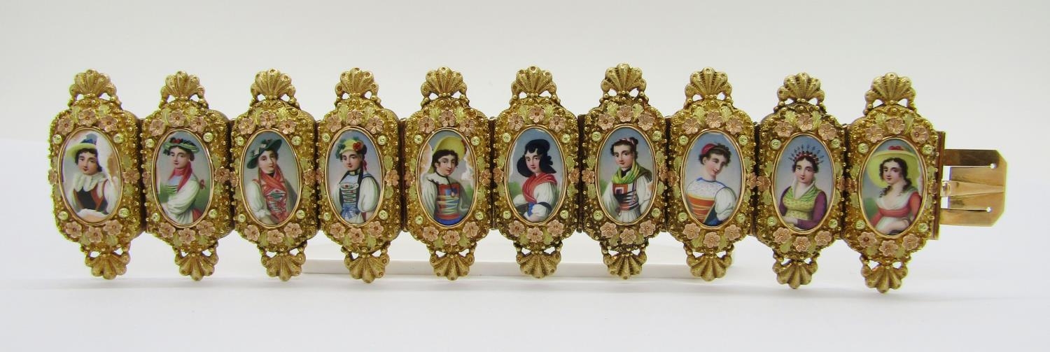 A fine 19th century Swiss gold and enamel portrait bracelet, formed of ten individual waist length