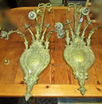 An impressive pair of 19th century gilt brass wall sconces / electroliers, in the Rococo style