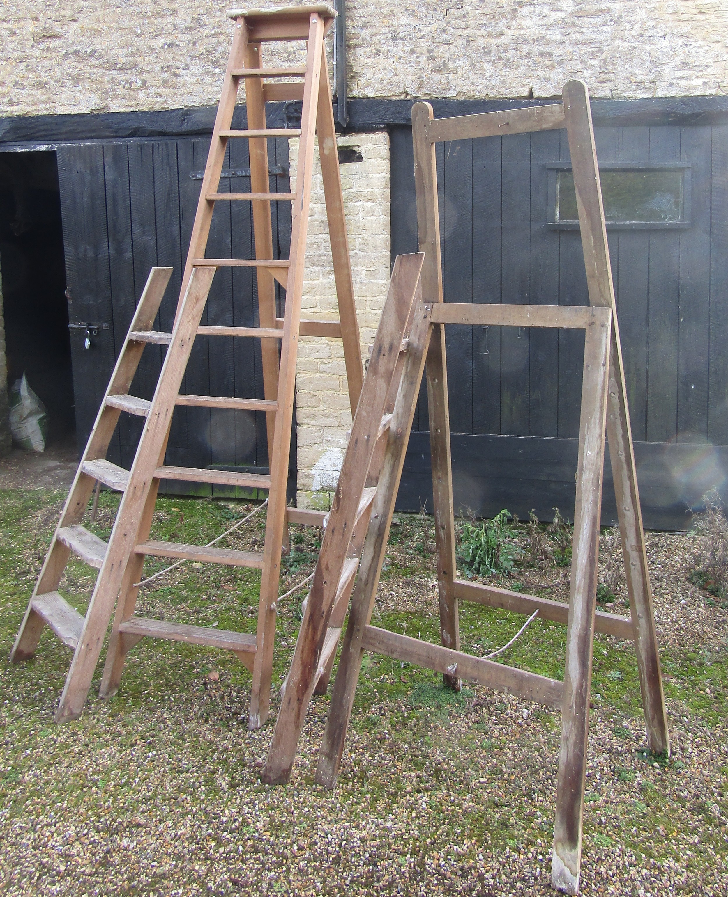 Two wooden folding steps ladders of varying size together with simple folding artists easel (3) - Image 2 of 3