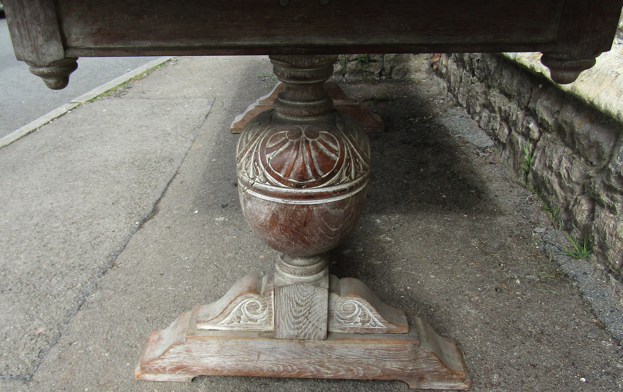 Oak refectory table in the Heals manner, raised on a pair of baluster supports, with fumed finish, - Image 3 of 3
