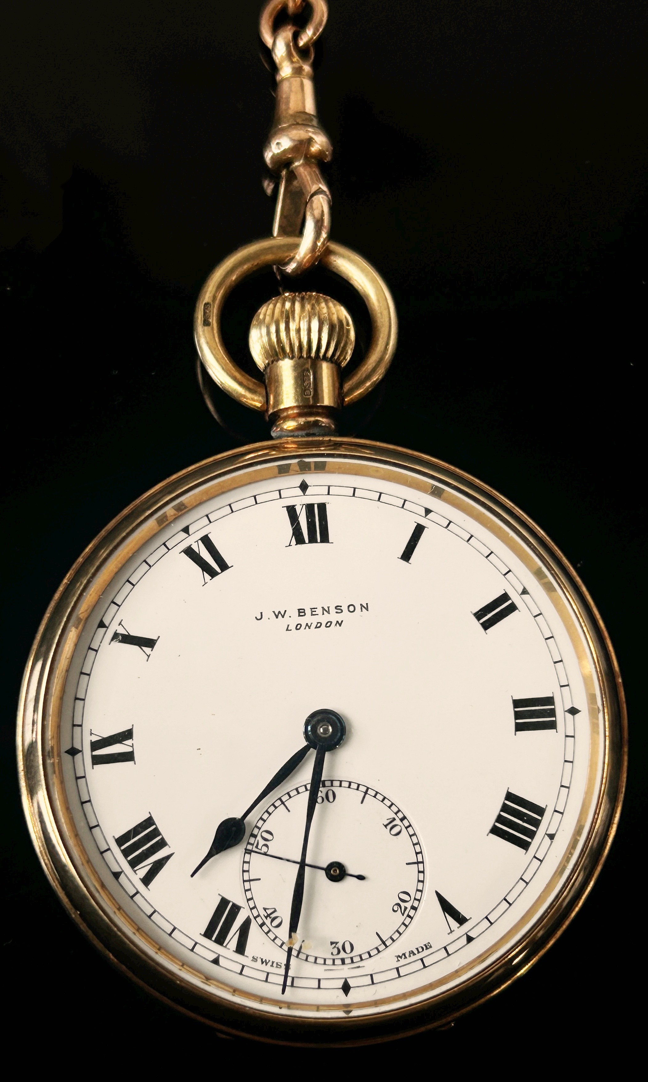 J.W Benson, London: A 9ct yellow gold cased fob watch, the white enamelled dial with black Roman - Image 6 of 8