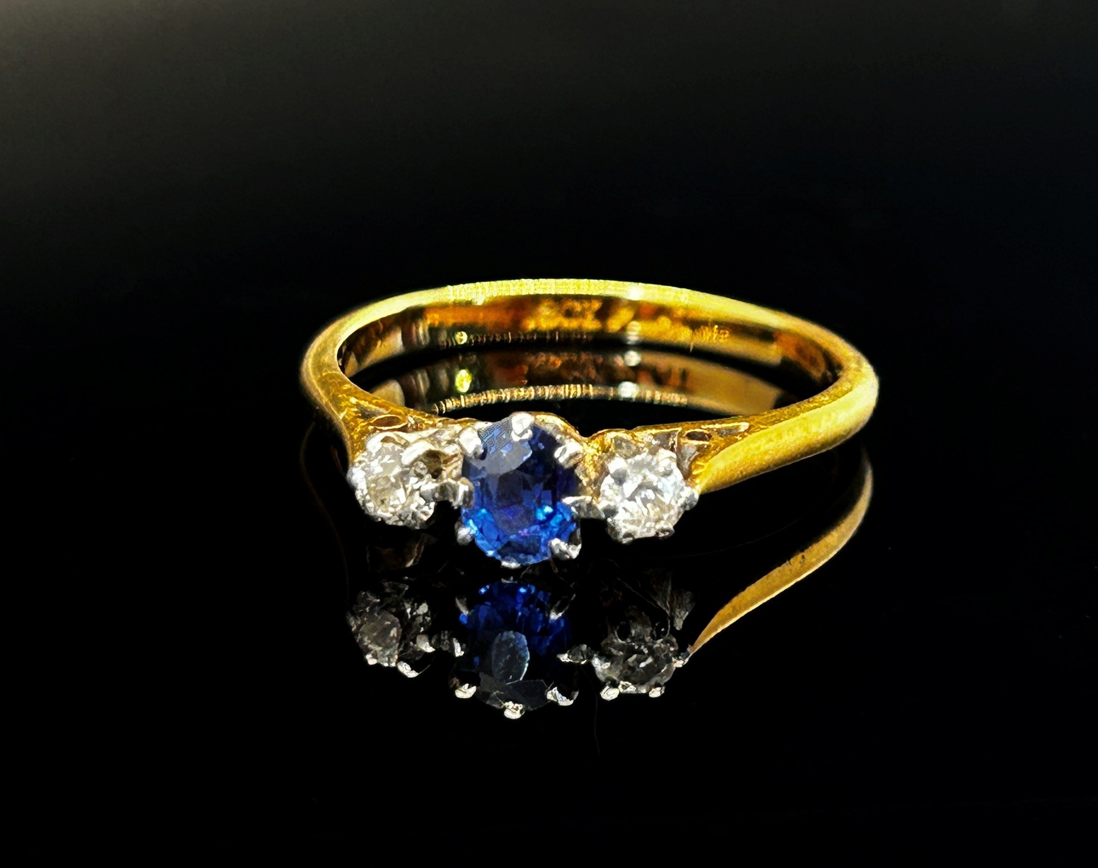 Early 20th century 18ct claw set sapphire and diamond three stone ring with platinum setting, size - Image 2 of 4