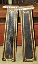 For restoration, a pair of 19th century French ebony veneered torchere stands of tapering squared