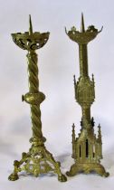 A 19th century continental Puginesque gilt brass ecclesiastical pricket candle stick, with pierced