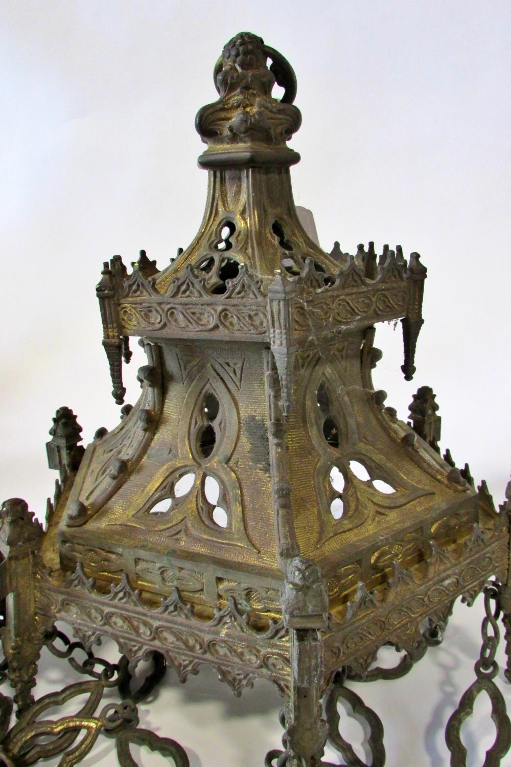 A large 19th century ecclesiastical / gothic gilt cast metal ceiling light, with pierced mounts - Image 3 of 4