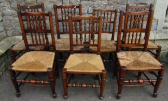 Seven 19th century Lancashire spindle back dining chairs