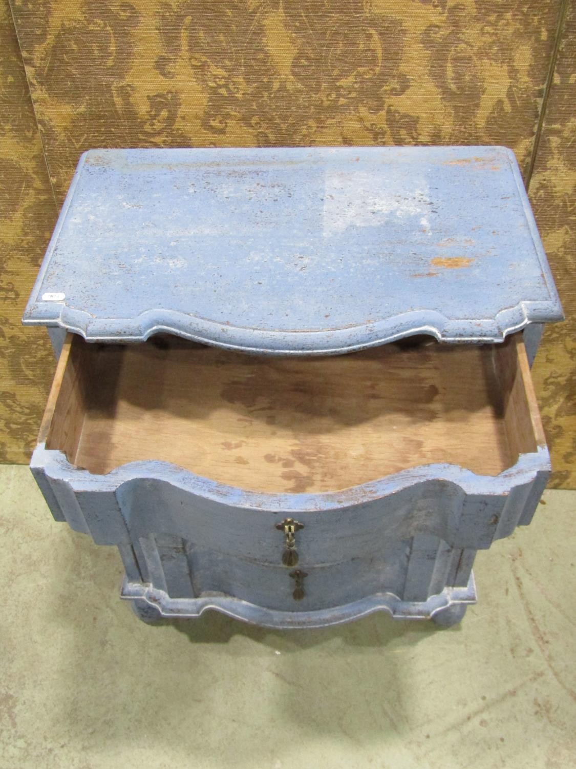 A diminutive 19th century Scandinavian blue painted and scraped commode four drawers, 60cm wide x - Image 2 of 3