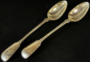 A pair of William IV silver basting spoons, London 1835, maker Mary Chawner, 31cm long, 10.6oz