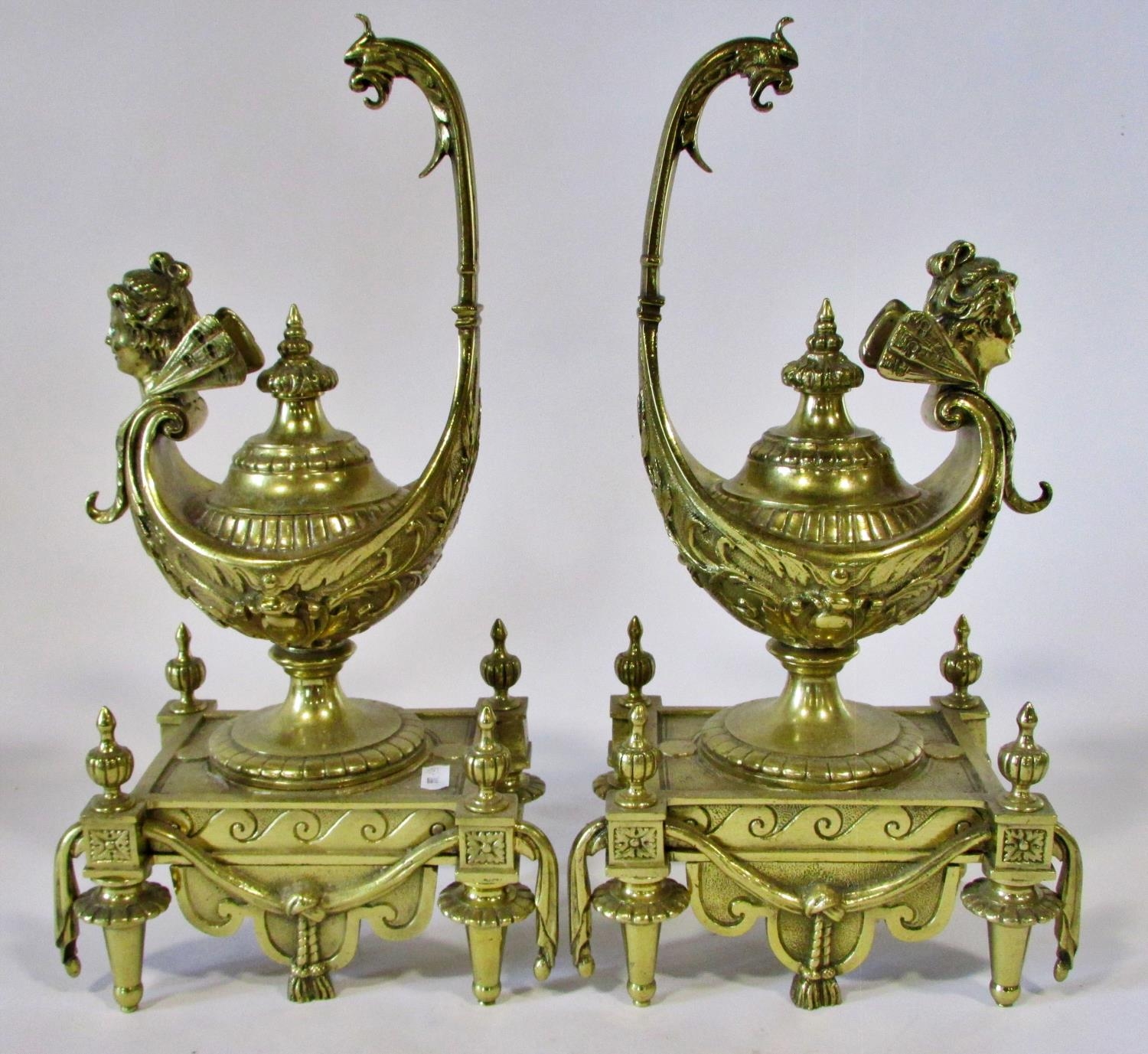A large pair of 19th century brass dummy oil lamps (possibly ex-monumental fire side fender) in - Image 5 of 7