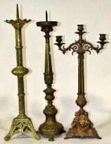 A tall 19th century continental brass pricket candlestick, with moulded foliate knopped stem, 71cm