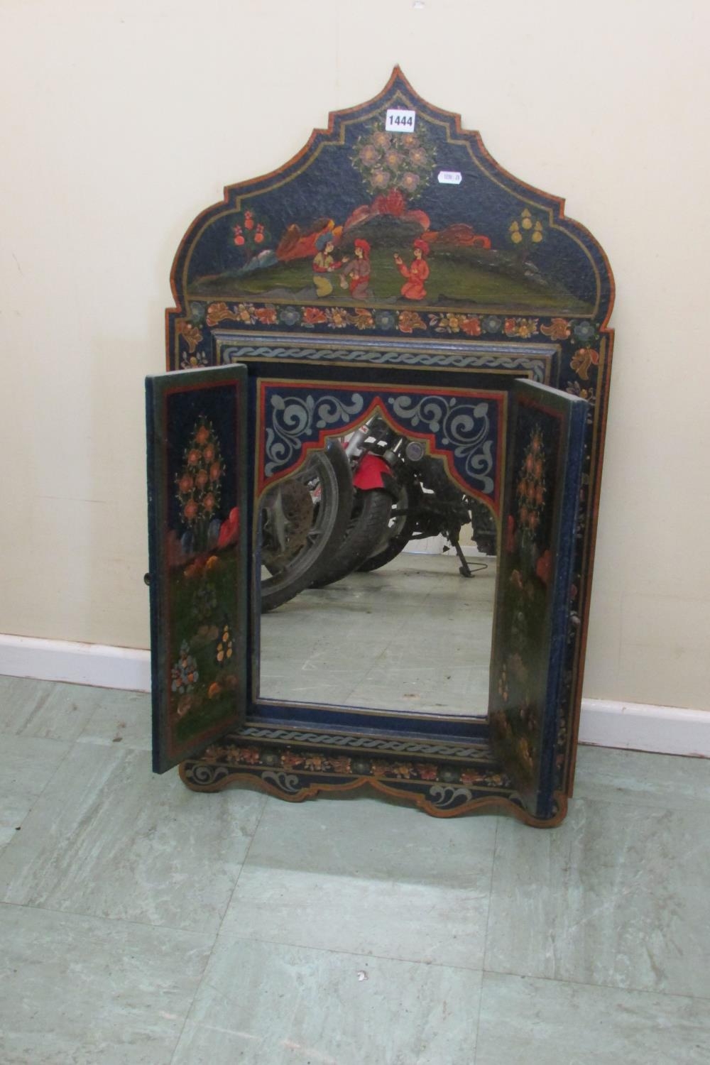 A wall mirror - Indian shaped outline with painted floral frieze the mirror plate enclosed by a pair - Image 2 of 4