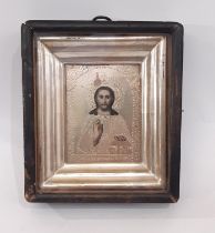 20th Century Russian Icon, hand-painted in oil on gilt board, with decorative indented border and