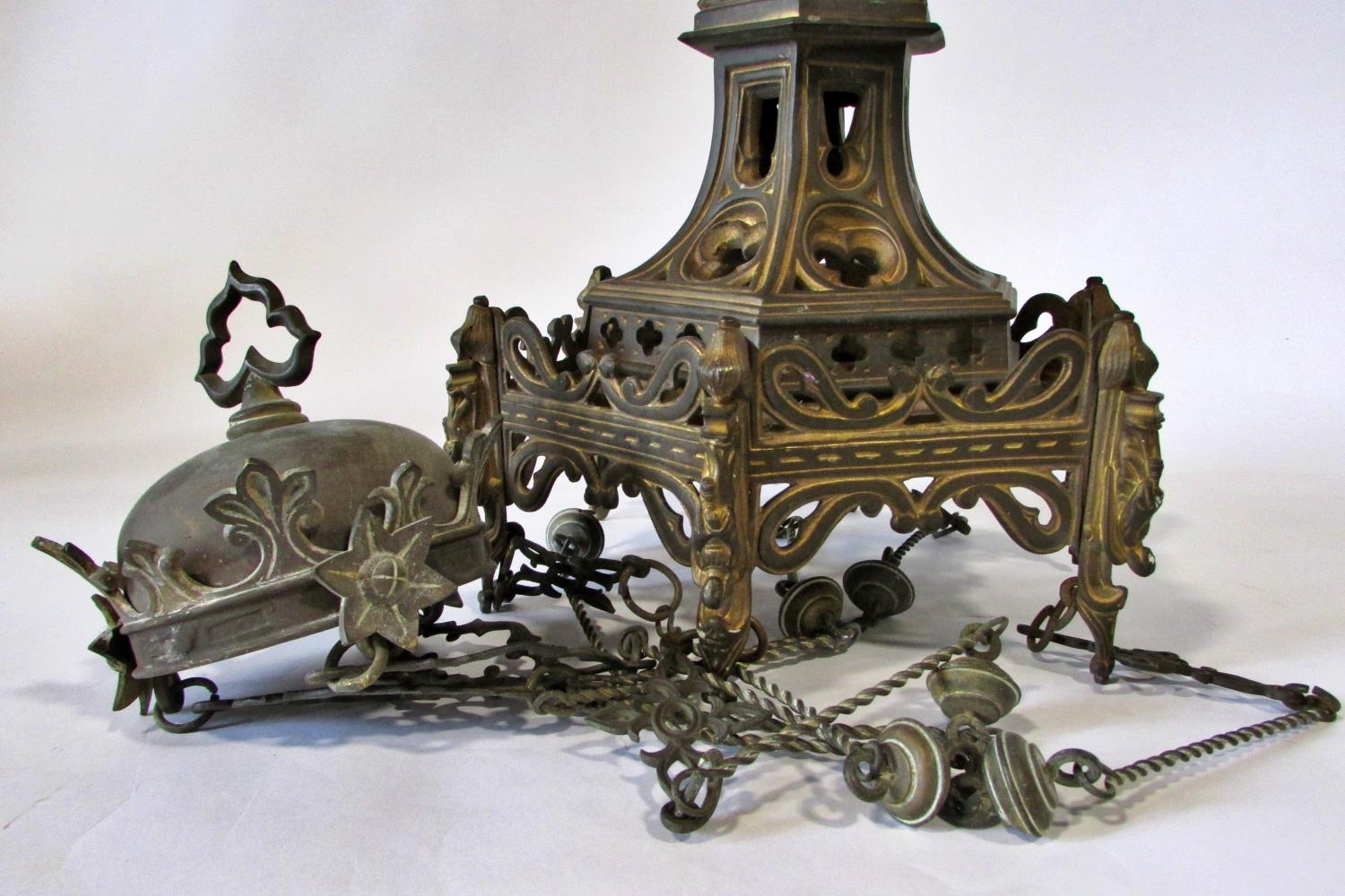 A 19th century heavy cast gilt metal ecclesiastical gothic ceiling light, with pierced and - Image 4 of 4