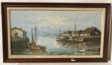 T. Jones (20th Century) - Fisherman's Port, signed lower left, oil on canvas, 60 x 120 cm, framed