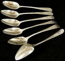 Six Georgian silver spoons in a later case, London 1810, maker Peter and William Bateman? (rubbed)