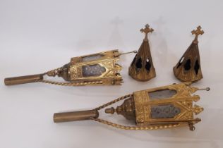 A pair of 19th century ecclesiastical gilt brass pendant lanterns, of hexagonal form with frosted