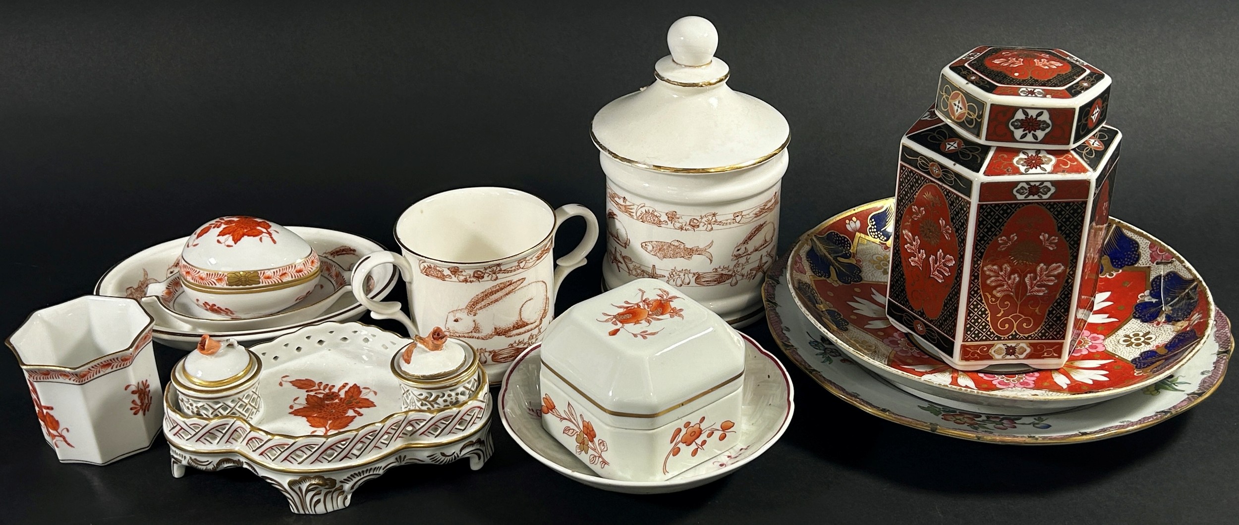 A Herend ink stand with pierced borders, two Doulton Norfolk pattern dishes, Chinese oviform vase