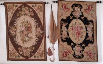 2 needlepoint panels with hanging rods, each 90x58cm approx both depicting floral rose designs,