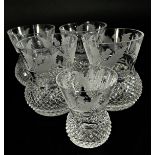 Four Edinburgh Crystal Thistle Whisky Glasses, a single shot glass and two brandy balloons to match,