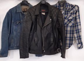 A vintage black leather bikers jacket by TT leathers size 44 (AF), together with a 1980's trucker