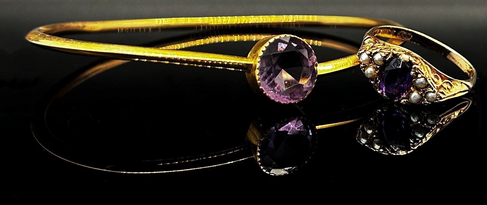 Antique 9ct amethyst bangle (af), 4.4g and an antique style 9ct amethyst and seed pearl ring, - Image 2 of 5