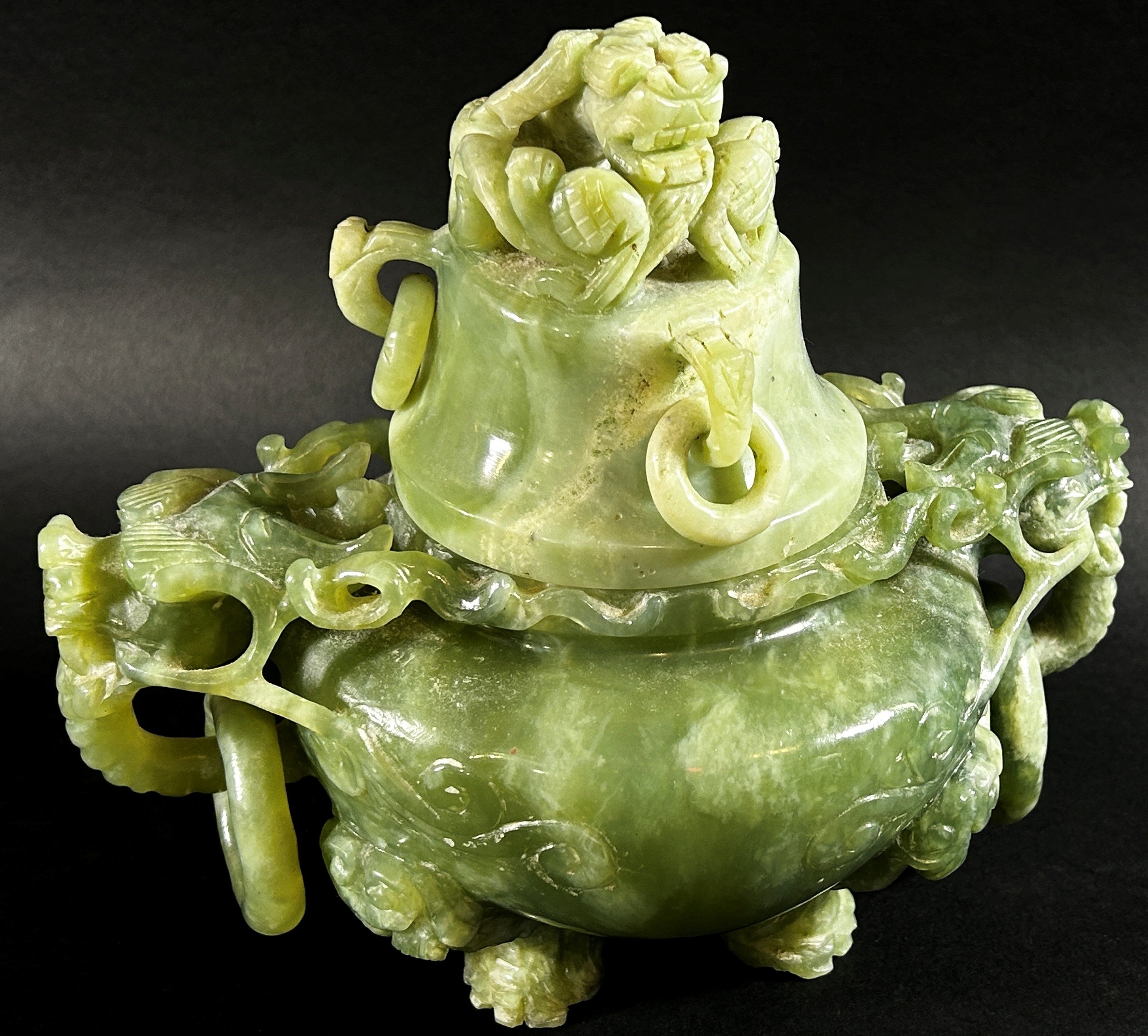 A Chinese celadon coloured jadeite lidded censor in the archaistic style, with triaged dragon mask - Image 5 of 5
