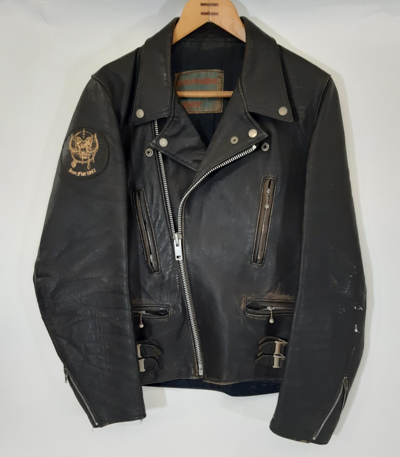 Vintage black leather bikers jacket by Speedman bearing arm badge for Motorhead 'Iron Fist' Tour