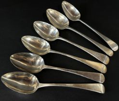 Six Georgian silver serving spoons, various makers, various dates, average length 22.5cm, 11.8oz