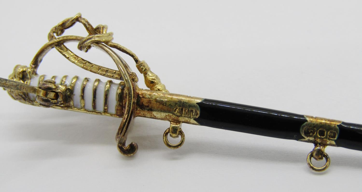 Silver gilt novelty Naval sword brooch, maker 'AMJ', London 1994, 6.3cm L approx, contained in a - Image 4 of 4
