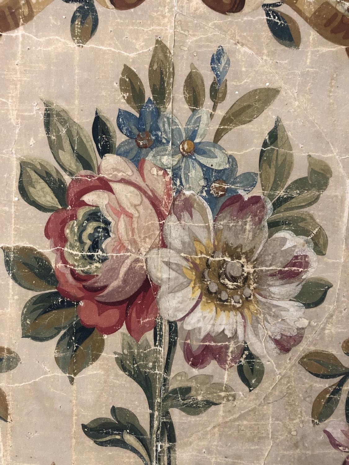 A French Aubusson painted panel, with a central floral spray and ribboned floral border, gouache - Image 3 of 4