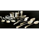 A mixed selection of silver ware, assorted teaspoons, condiments, sugar tong, 6.4oz approx