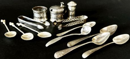 A mixed selection of silver ware, assorted teaspoons, condiments, sugar tong, 6.4oz approx