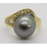 18ct diamond and Tahitian pearl dress ring, cross-over mounted with a single pearl and seven old-cut