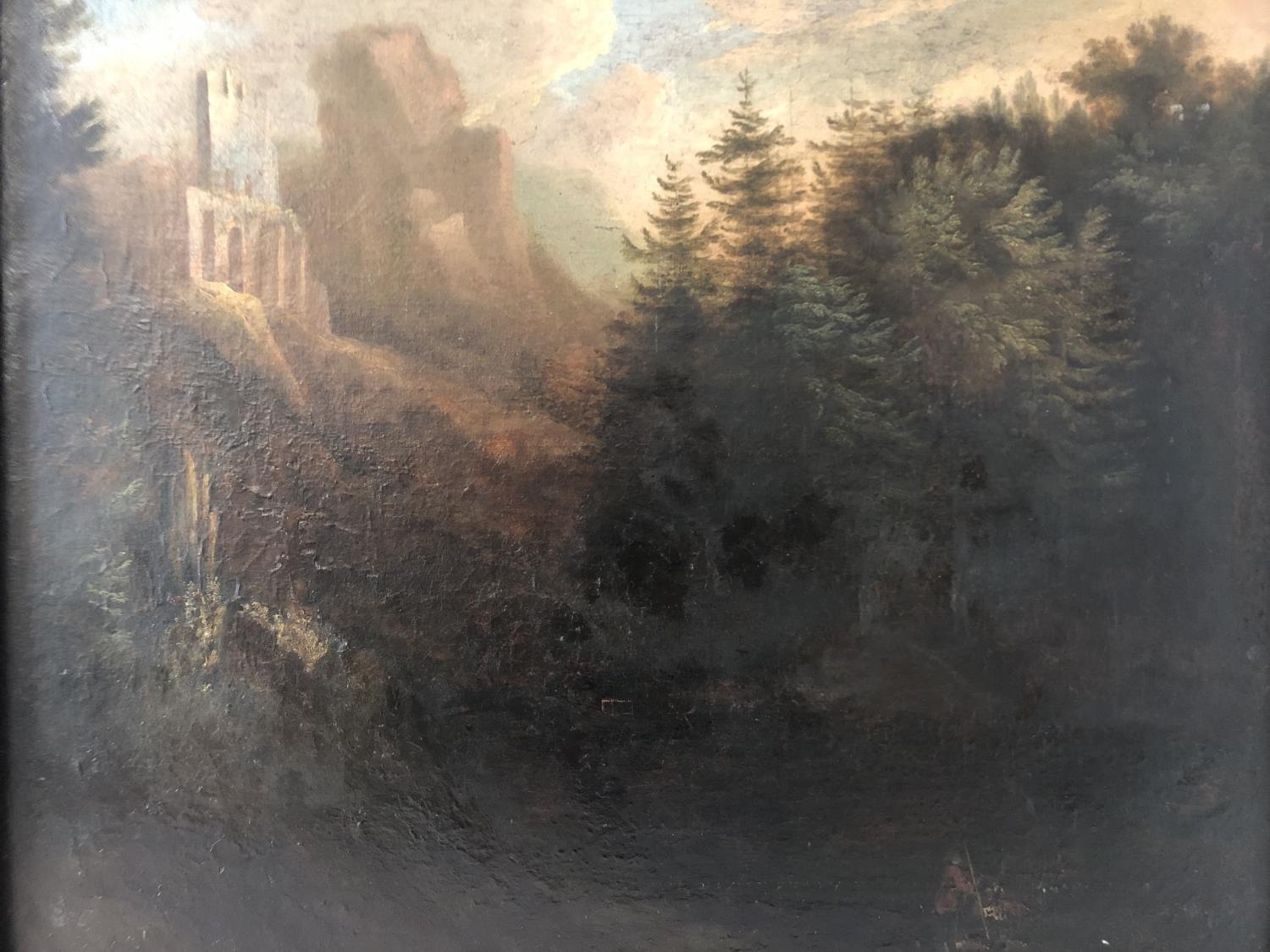 19th Century School - A romantic landscape with a figure in the foreground and ruined castle - Image 2 of 5